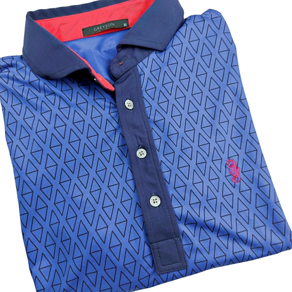 Greyson  Diamond Print Two Tone Blue Golf  Polo Shirt Men's MEDIUM Seahorse